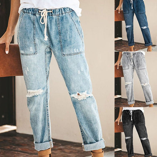 Straight Ripped Jeans For Women Drawstring Trousers With Pockets Fashion Pants – travel - inspired 0 by Aroundtheworldinarush