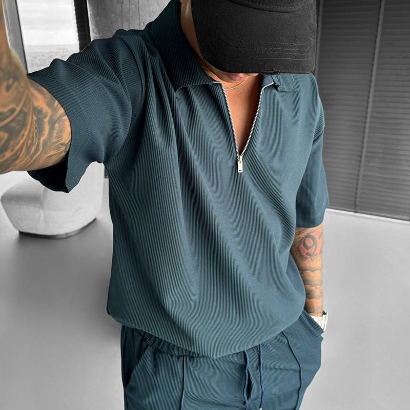 Summer Fashion Mens Clothing Men's Suits New Zipper Polo Casual Short Sleeve Drawstring Shorts Men's Set – travel - inspired 0 by Aroundtheworldinarush
