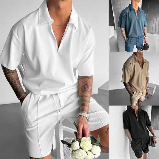 Summer Fashion Mens Clothing Men's Suits New Zipper Polo Casual Short Sleeve Drawstring Shorts Men's Set – travel - inspired 0 by Aroundtheworldinarush