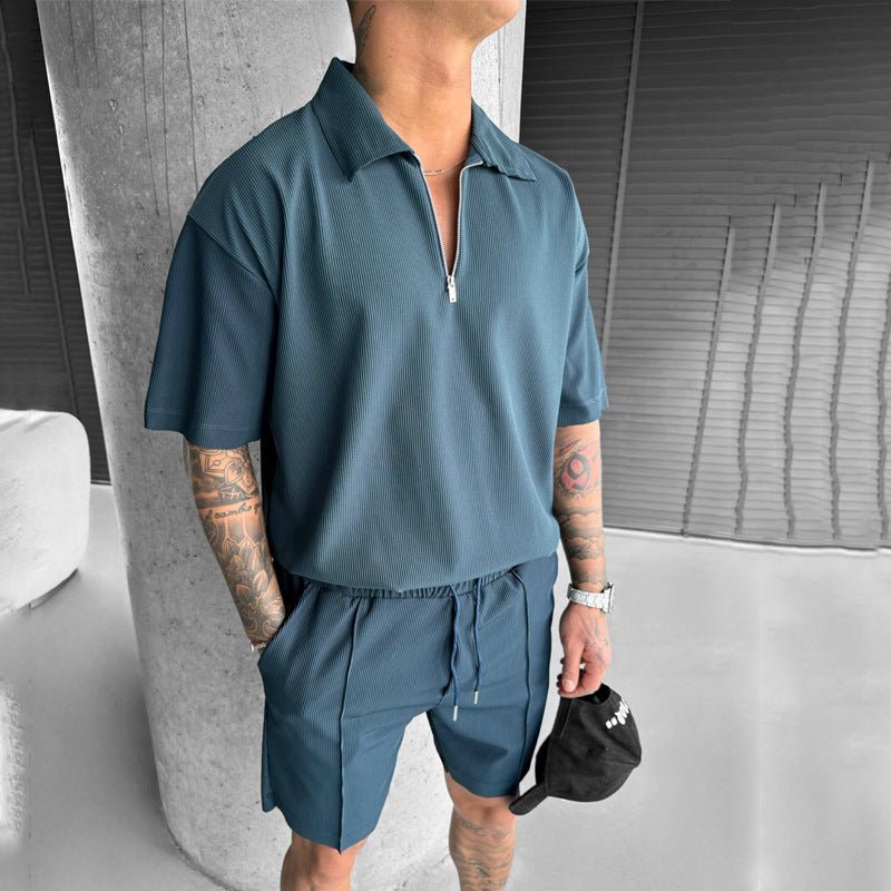 Summer Fashion Mens Clothing Men's Suits New Zipper Polo Casual Short Sleeve Drawstring Shorts Men's Set – travel - inspired 0 by Aroundtheworldinarush