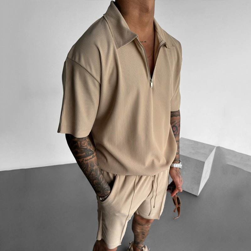 Summer Fashion Mens Clothing Men's Suits New Zipper Polo Casual Short Sleeve Drawstring Shorts Men's Set – travel - inspired 0 by Aroundtheworldinarush
