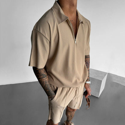 Summer Fashion Mens Clothing Men's Suits New Zipper Polo Casual Short Sleeve Drawstring Shorts Men's Set – travel - inspired 0 by Aroundtheworldinarush