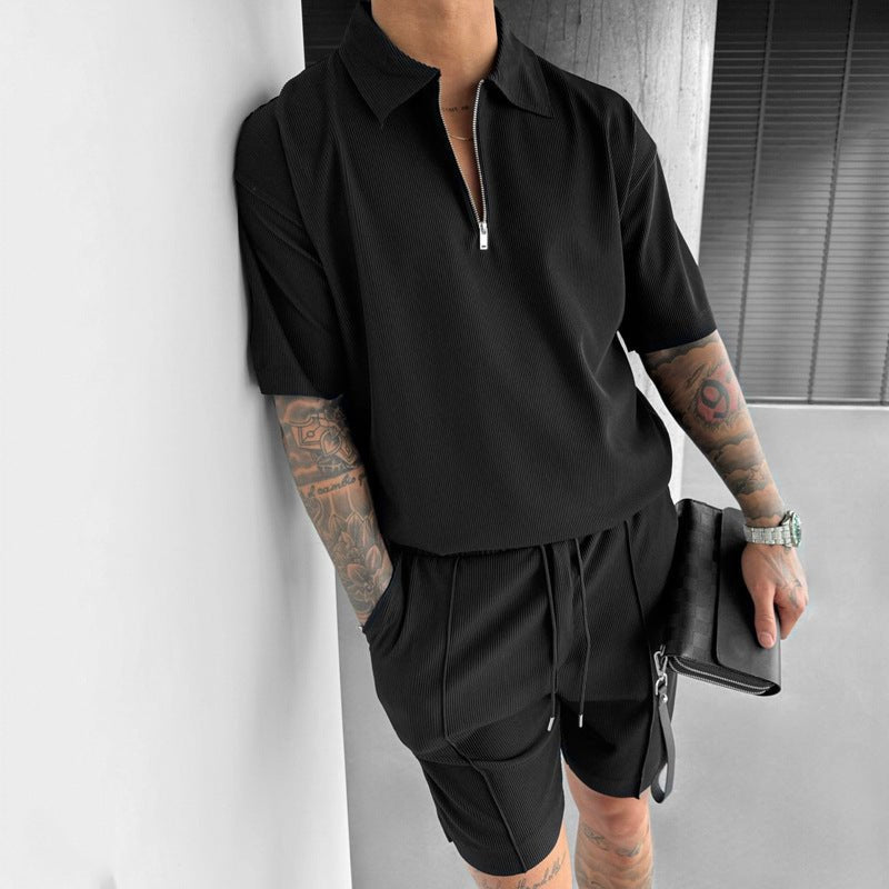 Summer Fashion Mens Clothing Men's Suits New Zipper Polo Casual Short Sleeve Drawstring Shorts Men's Set – travel - inspired 0 by Aroundtheworldinarush