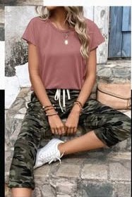 Summer Solid Color Round Neck Short Sleeve T-Shirt And Leopard Print Casual Pants Two Piece Set For Women – travel - inspired 4 by Aroundtheworldinarush