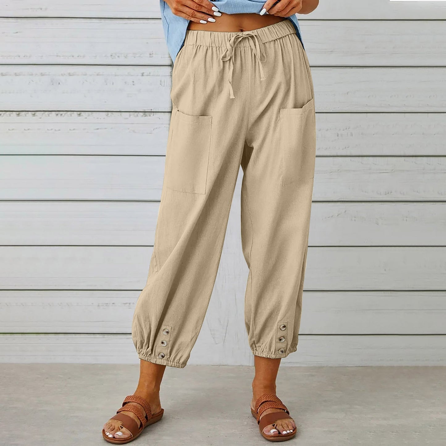 Women Drawstring Tie Pants Spring Summer Cotton And Linen Trousers With Pockets Button – travel - inspired 4 by Aroundtheworldinarush