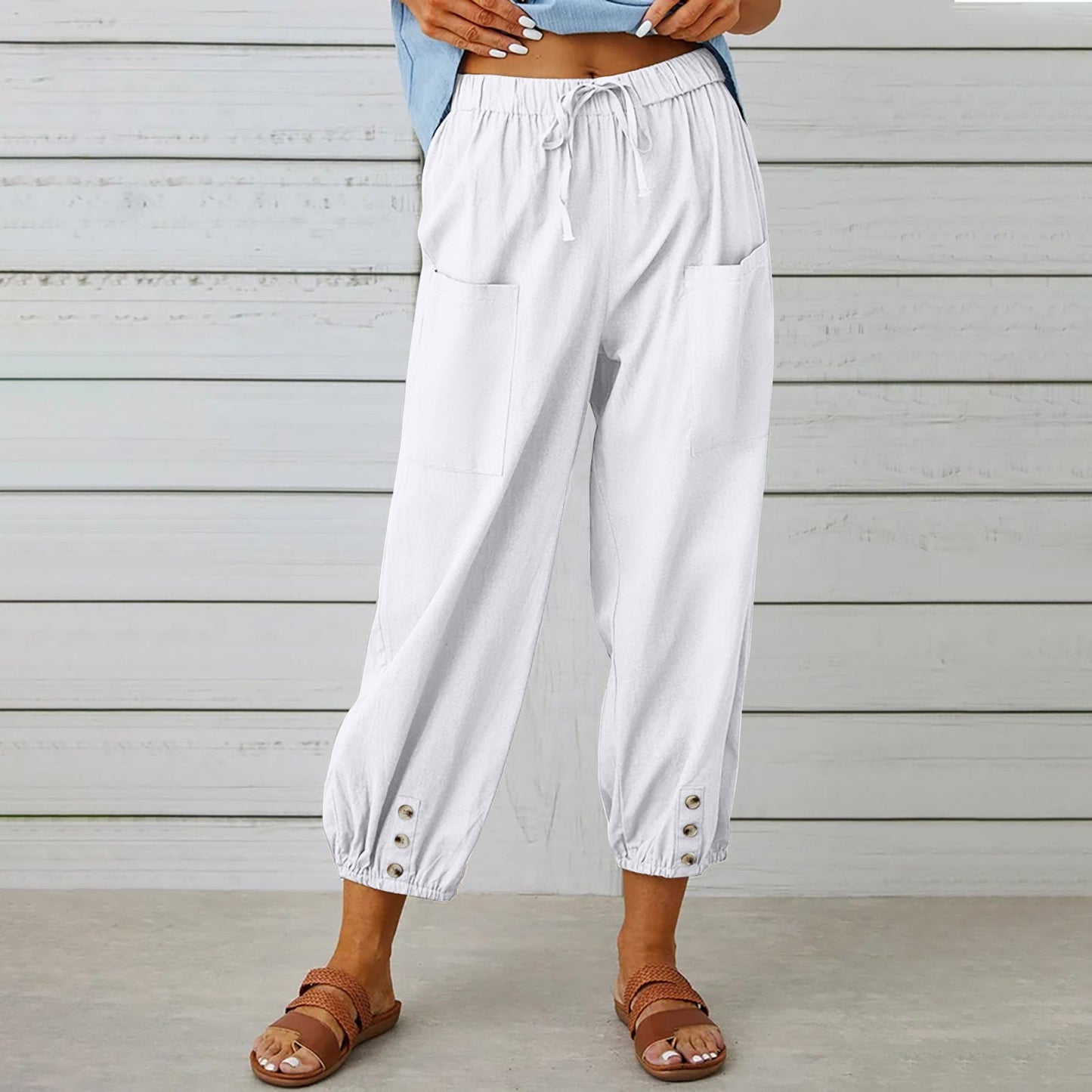 Women Drawstring Tie Pants Spring Summer Cotton And Linen Trousers With Pockets Button – travel - inspired 4 by Aroundtheworldinarush