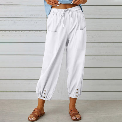 Women Drawstring Tie Pants Spring Summer Cotton And Linen Trousers With Pockets Button – travel - inspired 4 by Aroundtheworldinarush