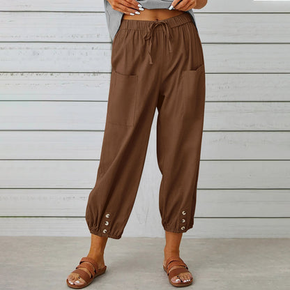 Women Drawstring Tie Pants Spring Summer Cotton And Linen Trousers With Pockets Button – travel - inspired 4 by Aroundtheworldinarush