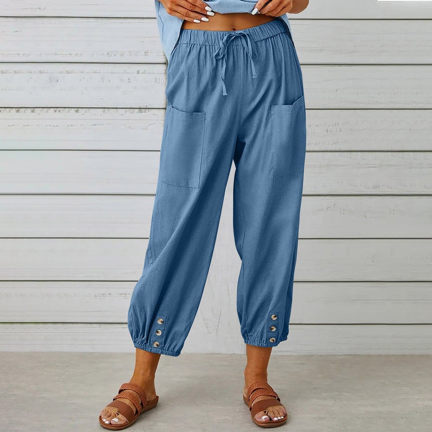 Women Drawstring Tie Pants Spring Summer Cotton And Linen Trousers With Pockets Button – travel - inspired 4 by Aroundtheworldinarush