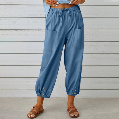 Women Drawstring Tie Pants Spring Summer Cotton And Linen Trousers With Pockets Button – travel - inspired 4 by Aroundtheworldinarush