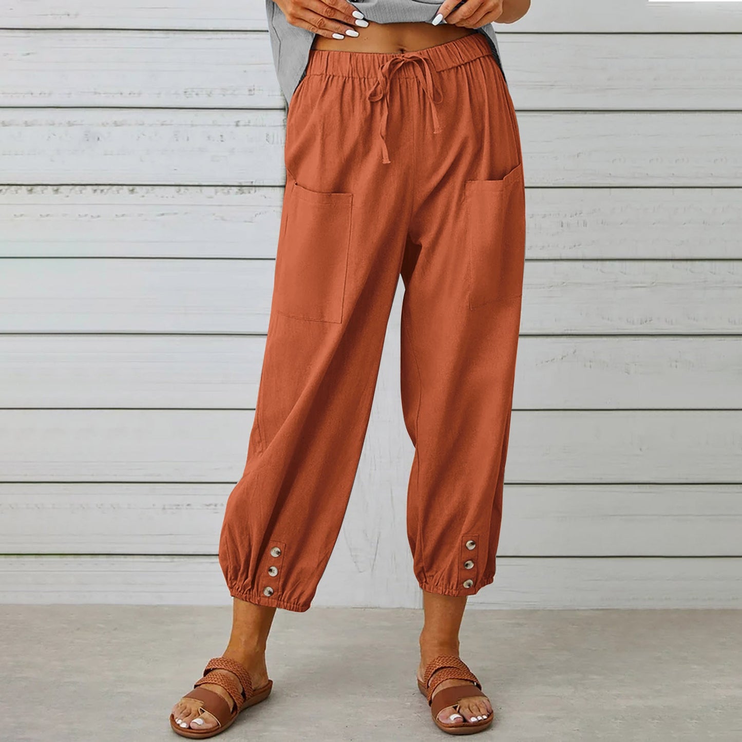 Women Drawstring Tie Pants Spring Summer Cotton And Linen Trousers With Pockets Button – travel - inspired 4 by Aroundtheworldinarush