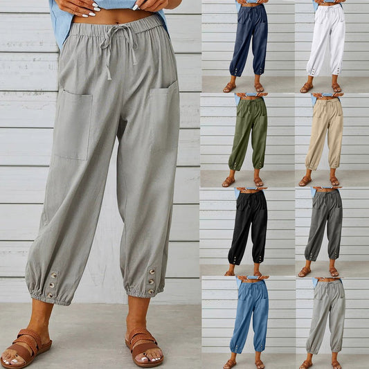 Women Drawstring Tie Pants Spring Summer Cotton And Linen Trousers With Pockets Button – travel - inspired 4 by Aroundtheworldinarush
