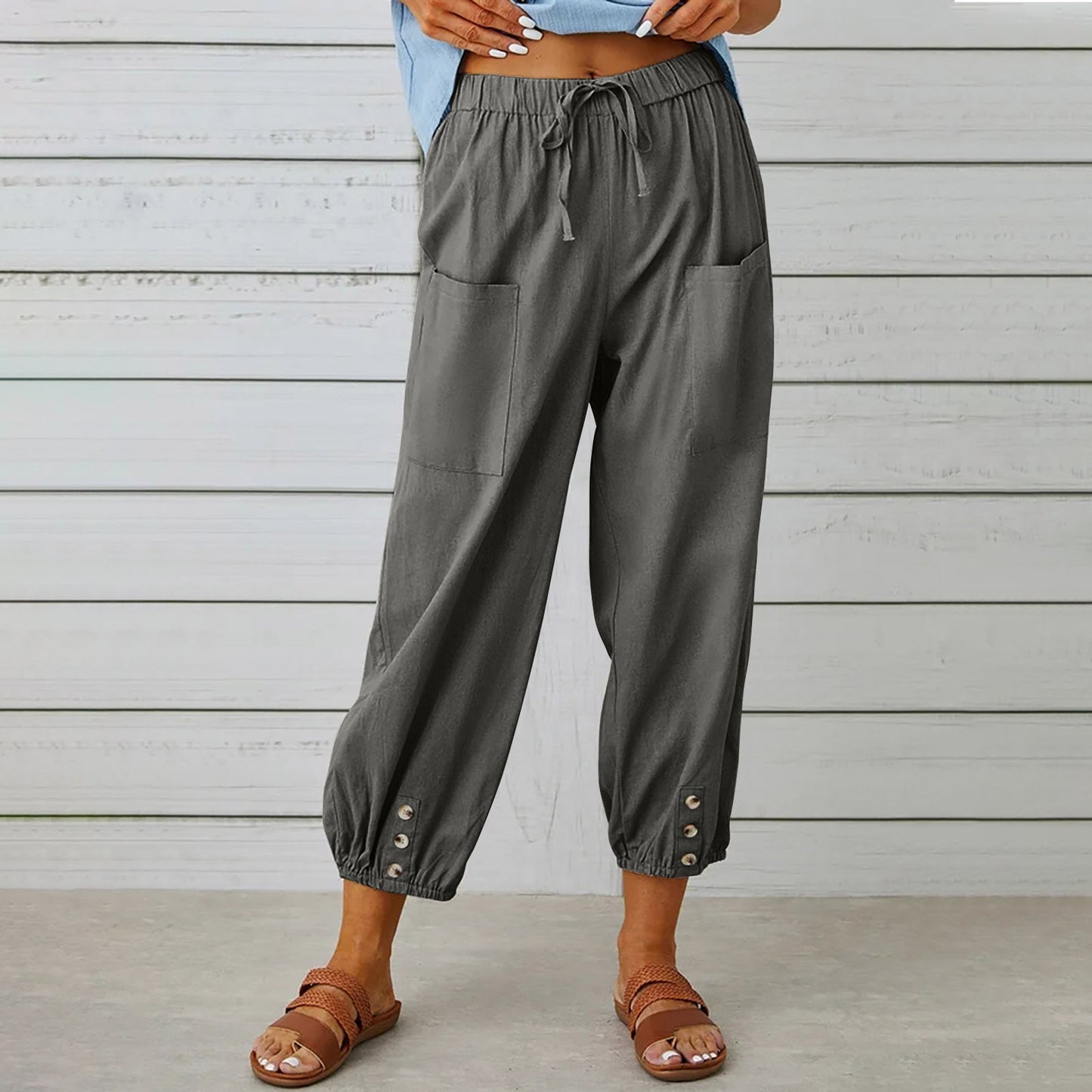 Women Drawstring Tie Pants Spring Summer Cotton And Linen Trousers With Pockets Button – travel - inspired 4 by Aroundtheworldinarush