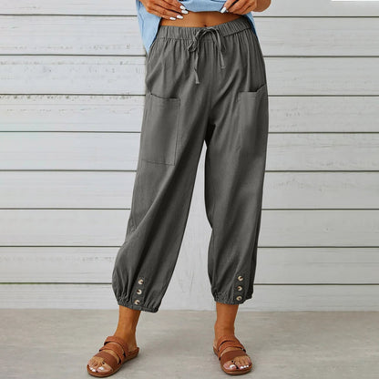 Women Drawstring Tie Pants Spring Summer Cotton And Linen Trousers With Pockets Button – travel - inspired 4 by Aroundtheworldinarush