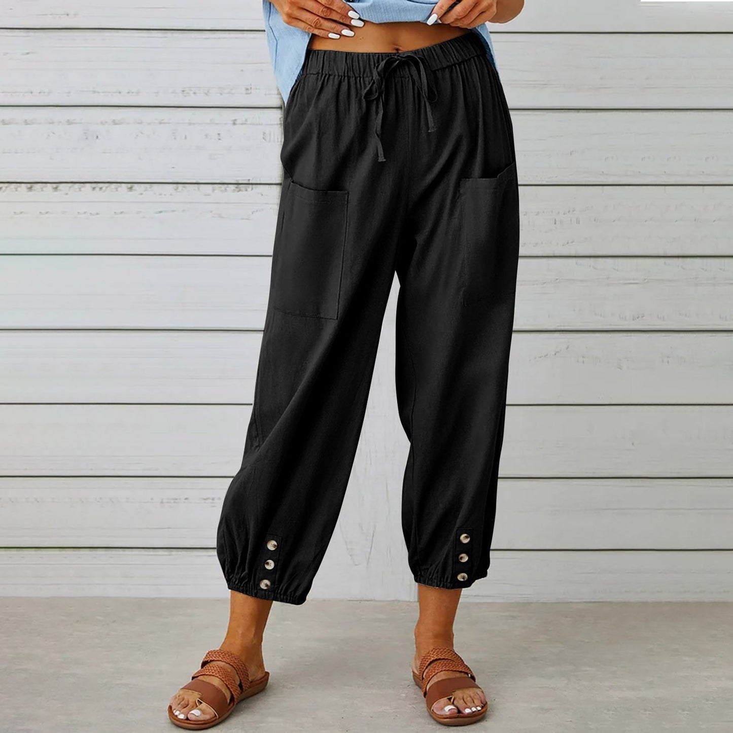 Women Drawstring Tie Pants Spring Summer Cotton And Linen Trousers With Pockets Button – travel - inspired 4 by Aroundtheworldinarush