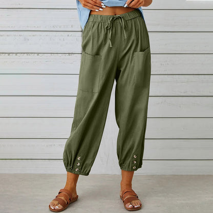 Women Drawstring Tie Pants Spring Summer Cotton And Linen Trousers With Pockets Button – travel - inspired 4 by Aroundtheworldinarush