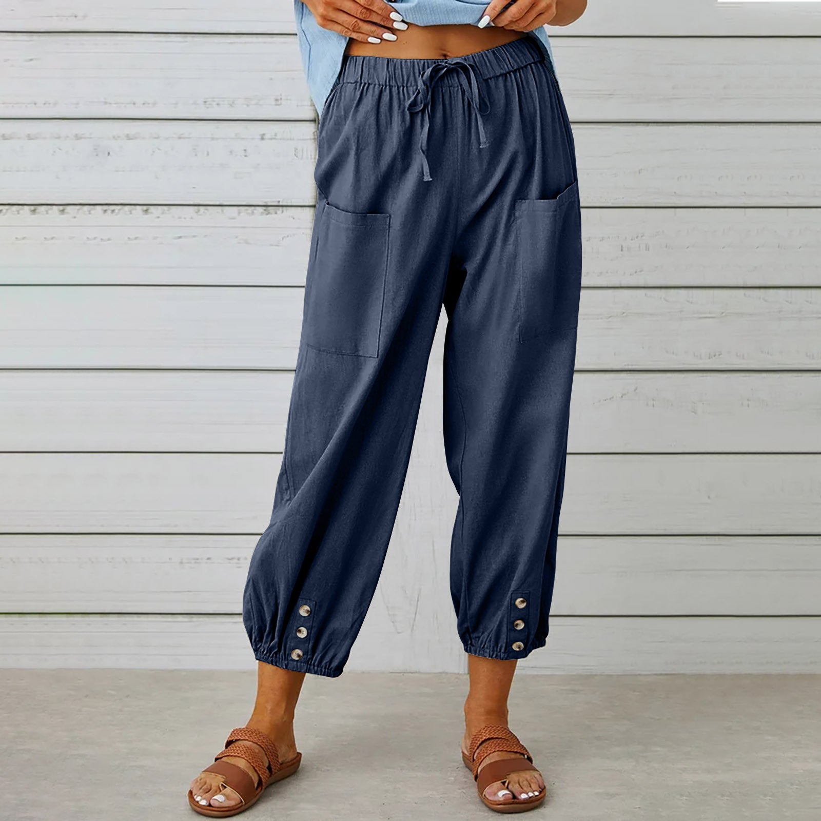 Women Drawstring Tie Pants Spring Summer Cotton And Linen Trousers With Pockets Button – travel - inspired 4 by Aroundtheworldinarush