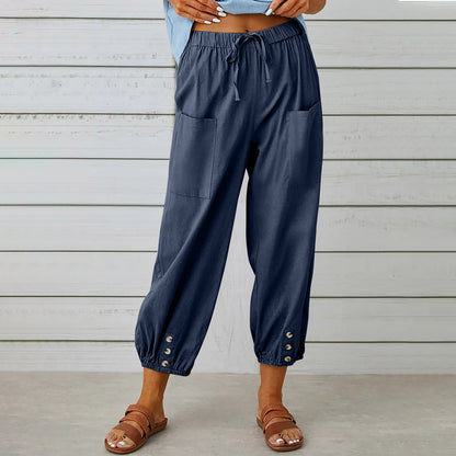 Women Drawstring Tie Pants Spring Summer Cotton And Linen Trousers With Pockets Button – travel - inspired 4 by Aroundtheworldinarush