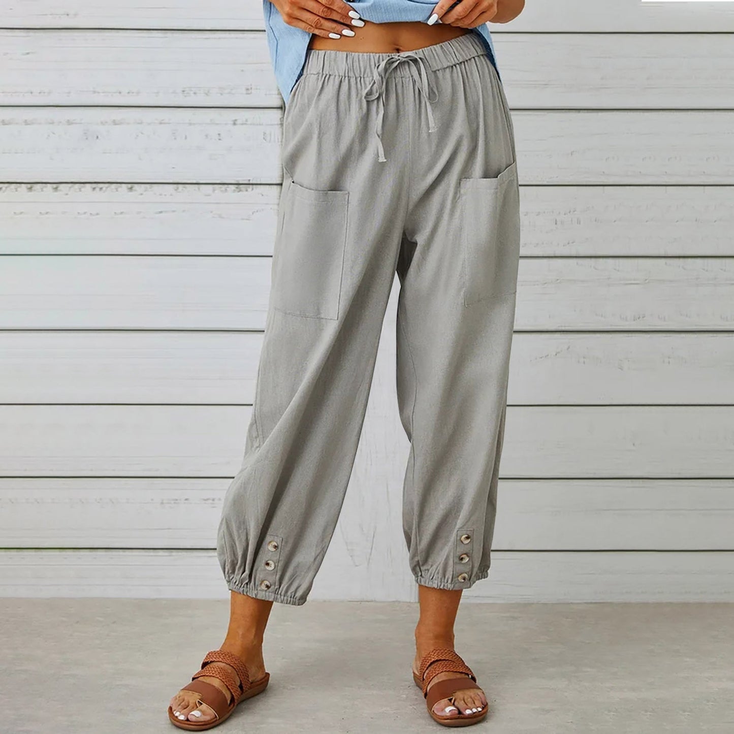 Women Drawstring Tie Pants Spring Summer Cotton And Linen Trousers With Pockets Button – travel - inspired 4 by Aroundtheworldinarush
