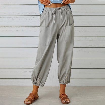 Women Drawstring Tie Pants Spring Summer Cotton And Linen Trousers With Pockets Button – travel - inspired 4 by Aroundtheworldinarush