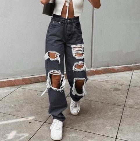 Women's American Retro Hole - punched Jeans Women High Waist Straight - crotch Loose Slim Design High - street Vibe Wide - legged Dragging Pants – travel - inspired 0 by Aroundtheworldinarush