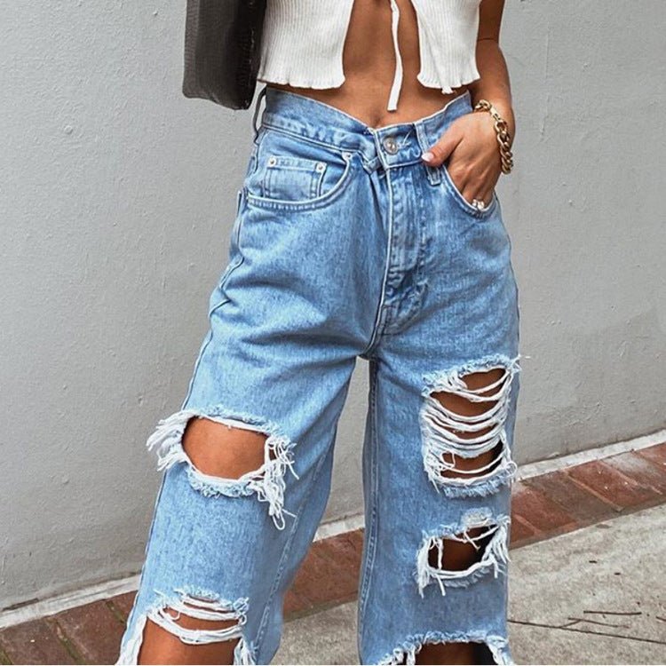 Women's American Retro Hole - punched Jeans Women High Waist Straight - crotch Loose Slim Design High - street Vibe Wide - legged Dragging Pants – travel - inspired 0 by Aroundtheworldinarush