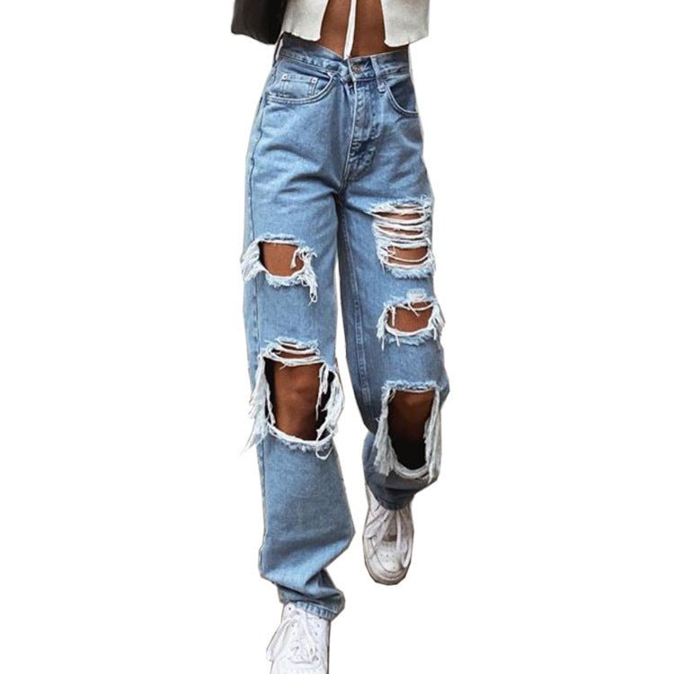 Women's American Retro Hole - punched Jeans Women High Waist Straight - crotch Loose Slim Design High - street Vibe Wide - legged Dragging Pants – travel - inspired 0 by Aroundtheworldinarush