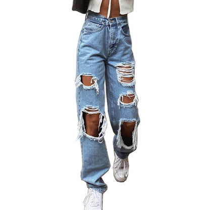 Women's American Retro Hole - punched Jeans Women High Waist Straight - crotch Loose Slim Design High - street Vibe Wide - legged Dragging Pants – travel - inspired 0 by Aroundtheworldinarush