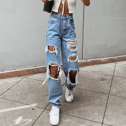 Women's American Retro Hole - punched Jeans Women High Waist Straight - crotch Loose Slim Design High - street Vibe Wide - legged Dragging Pants – travel - inspired 0 by Aroundtheworldinarush