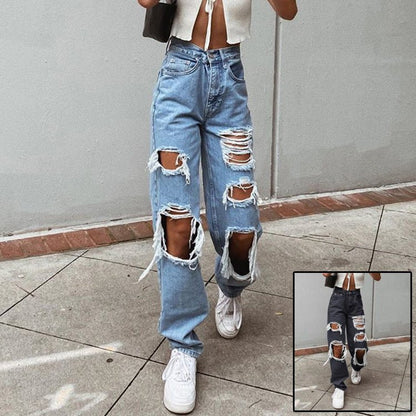 Women's American Retro Hole - punched Jeans Women High Waist Straight - crotch Loose Slim Design High - street Vibe Wide - legged Dragging Pants – travel - inspired 0 by Aroundtheworldinarush