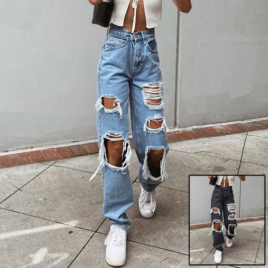 Women's American Retro Hole - punched Jeans Women High Waist Straight - crotch Loose Slim Design High - street Vibe Wide - legged Dragging Pants – travel - inspired 0 by Aroundtheworldinarush