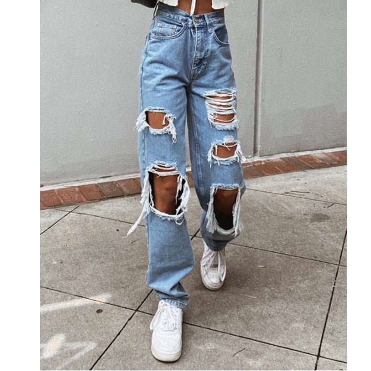 Women's American Retro Hole - punched Jeans Women High Waist Straight - crotch Loose Slim Design High - street Vibe Wide - legged Dragging Pants – travel - inspired 0 by Aroundtheworldinarush