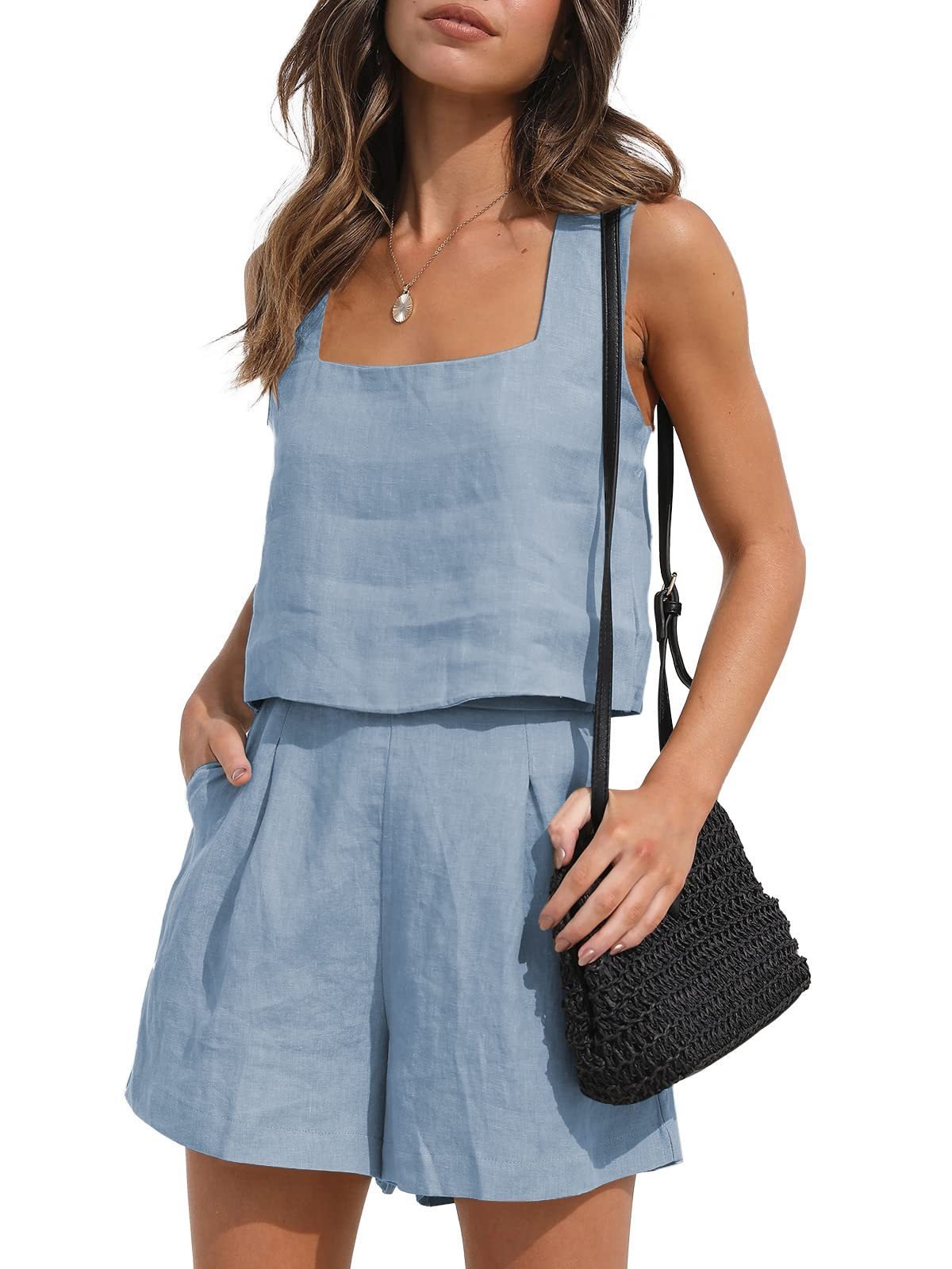 Women's Suit 2 Piece Outfits Square Neck Tops Shorts Sets Lounge Clothes Beach Summer Casual Outfits – travel - inspired 4 by Aroundtheworldinarush